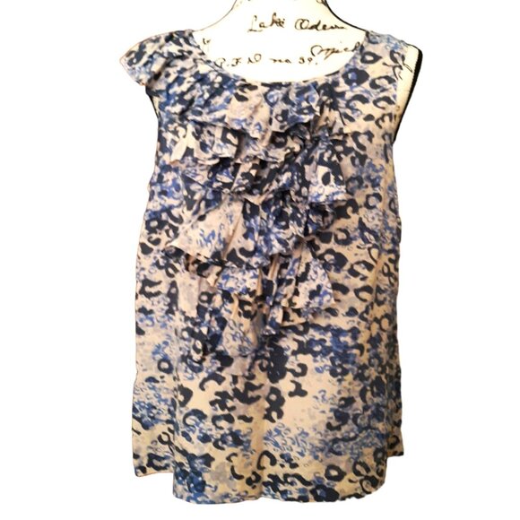 CAbi 100% Silk Blouse Blue Ruffle Animal Print Lightweight Medium - Picture 2 of 7